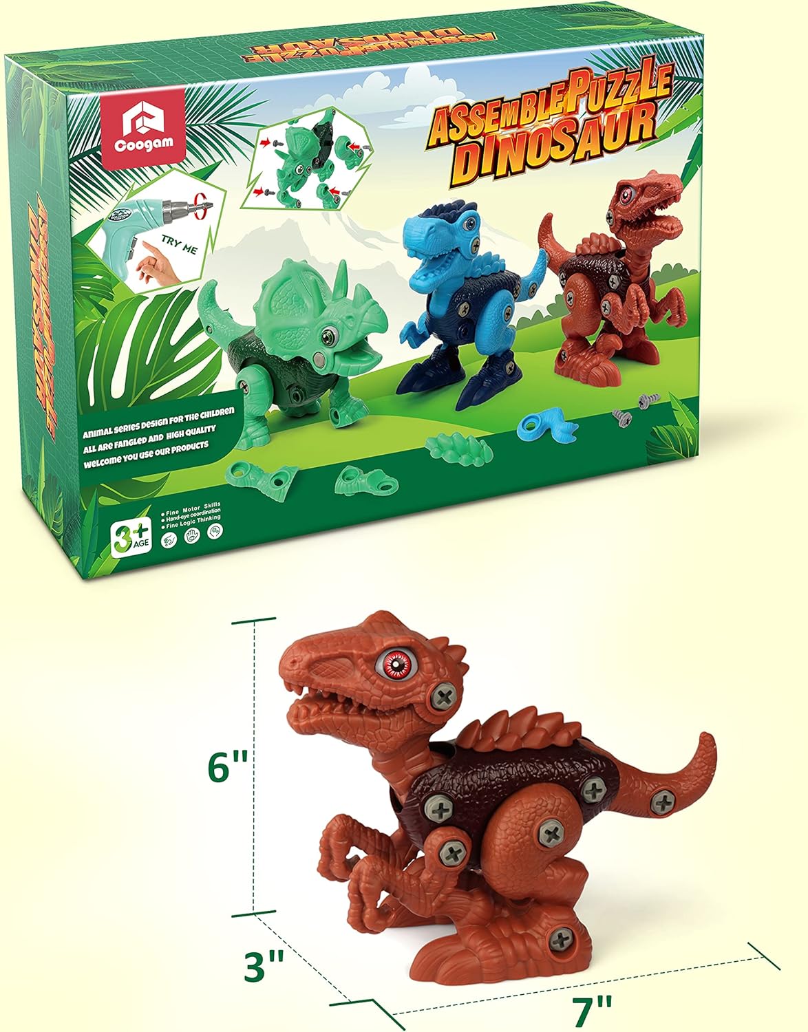 Coogam Dinosaurie Byggleksaker – 3-pack Monteringsbara Dinosaurier med Elborr
