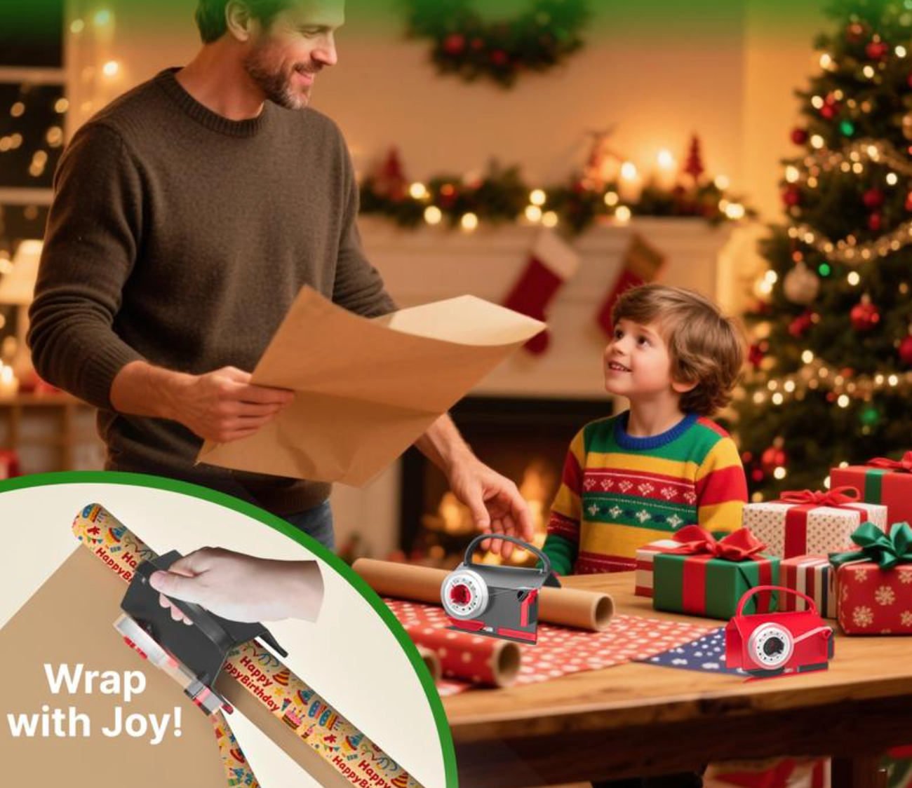 Presentpappersskärare & Tejphållare – Dubbel funktion + 4 tejprullar 🎁